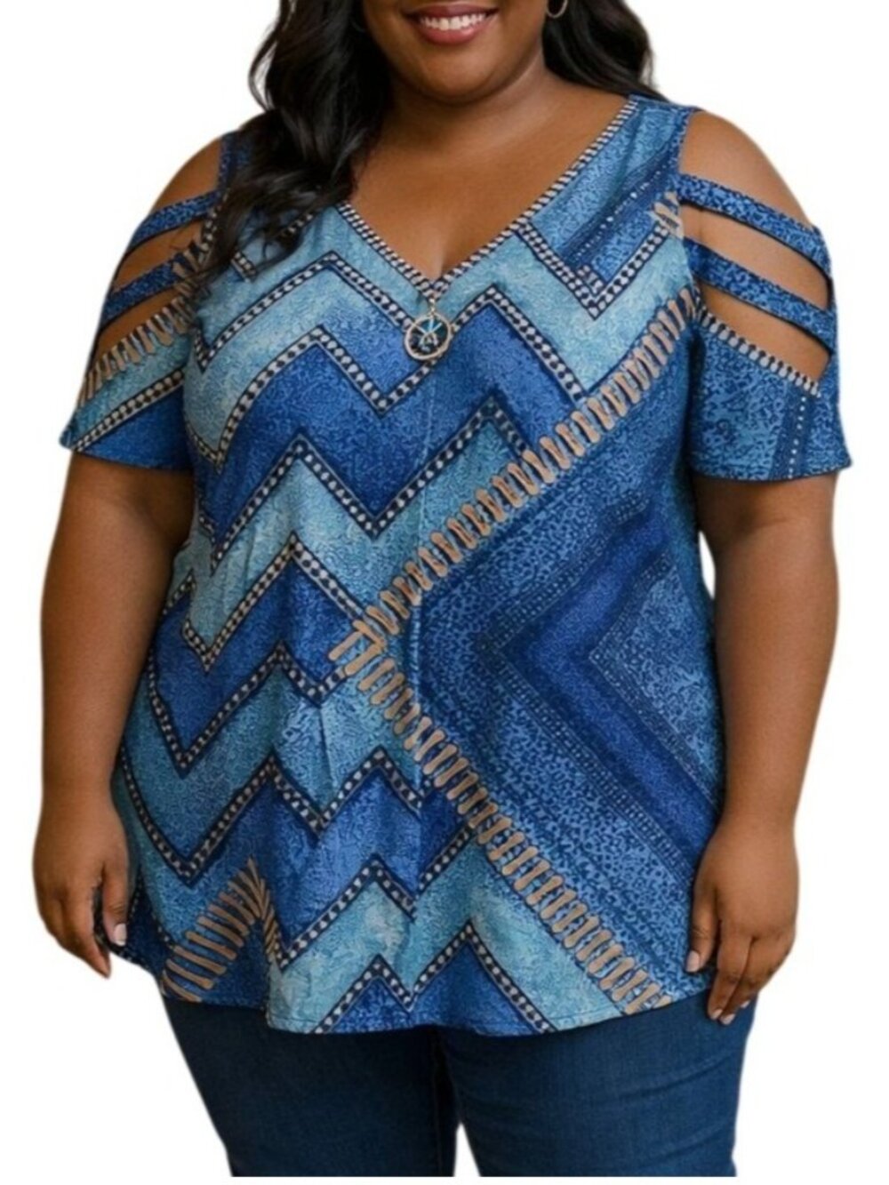 Womens Size 3XL Top Cold Shoulder Blue Denim-Print V-Neck Zipper Detail
